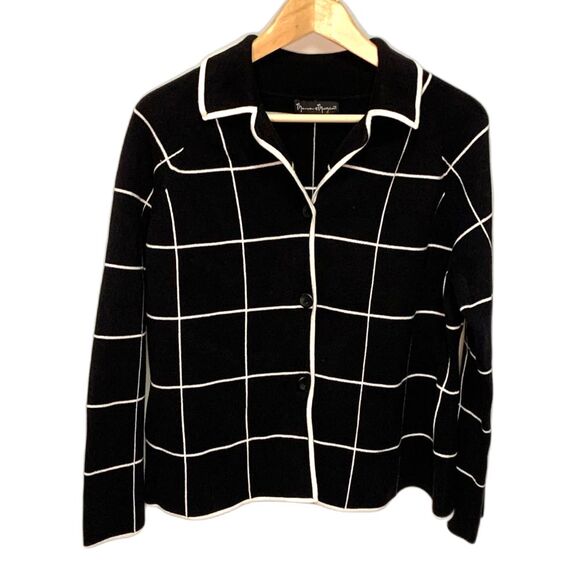 Mercer & Madison Black Ivory Windowpane Knit Sweater Lady Jacket Cardigan Size L - Picture 3 of 9